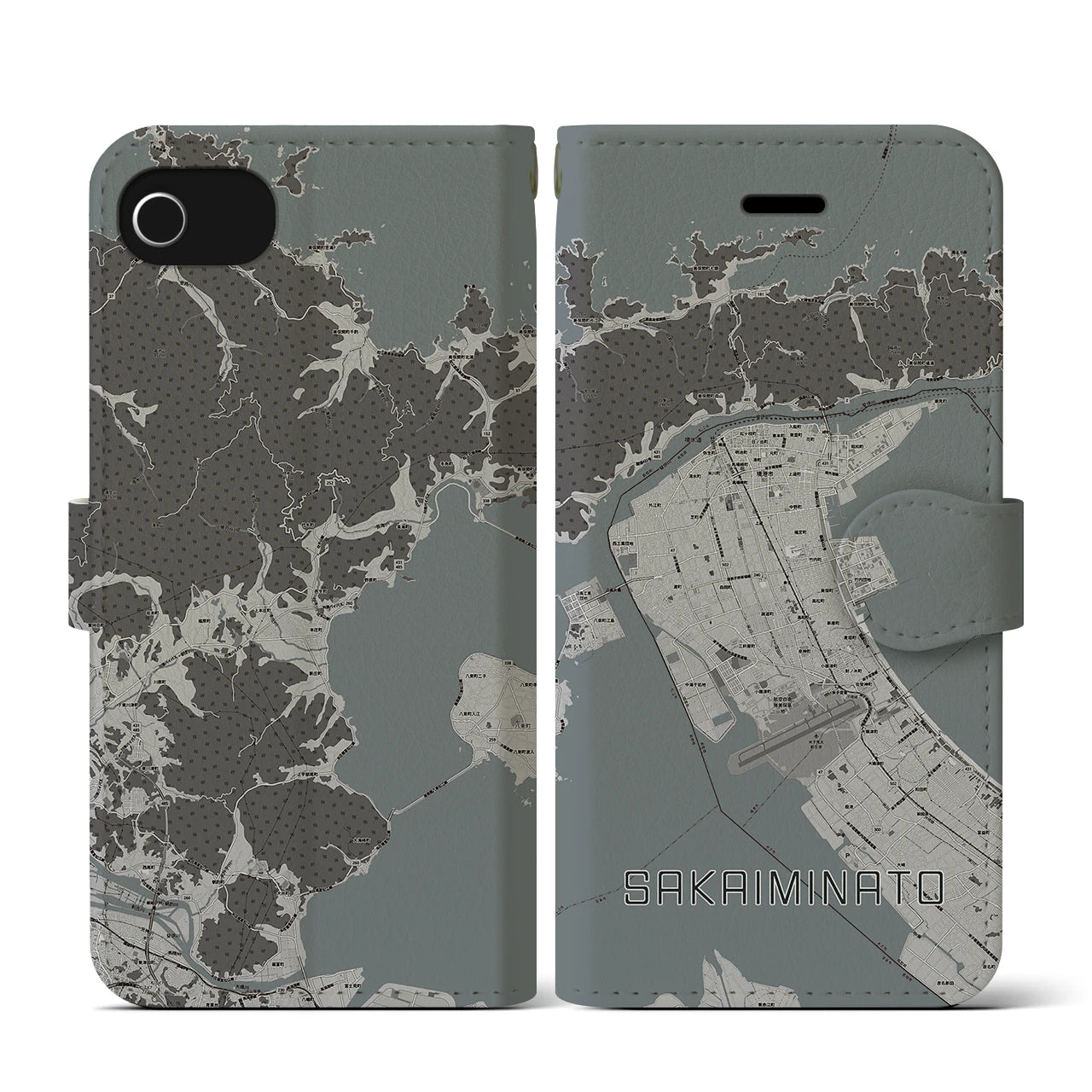 【境港(鳥取県)】地図柄iPhoneケース(手帳タイプ)モノトーン・iPhone SE(第3 / 第2世代) / 8 / 7 / 6s / 6 用