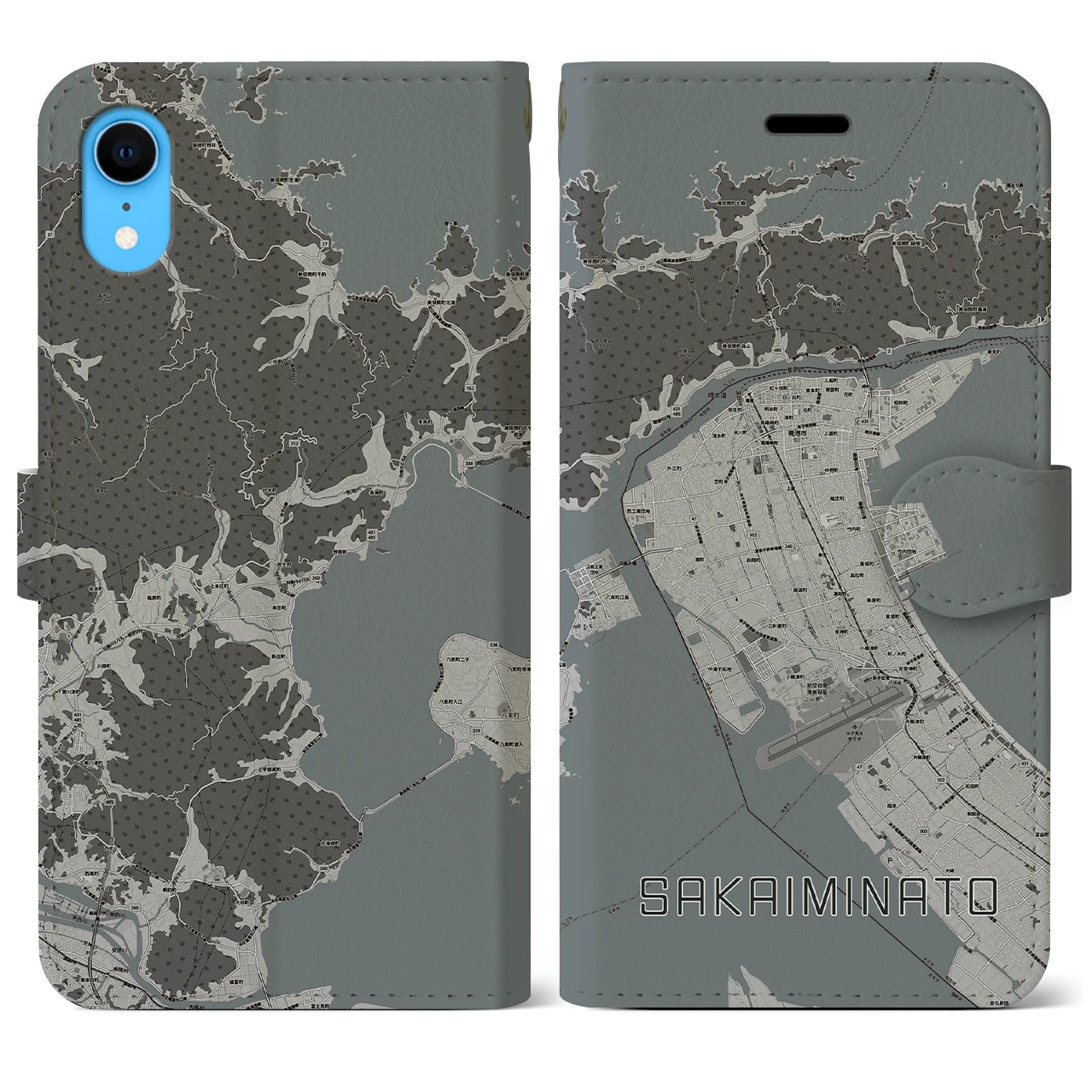 【境港(鳥取県)】地図柄iPhoneケース(手帳タイプ)モノトーン・iPhone XR 用