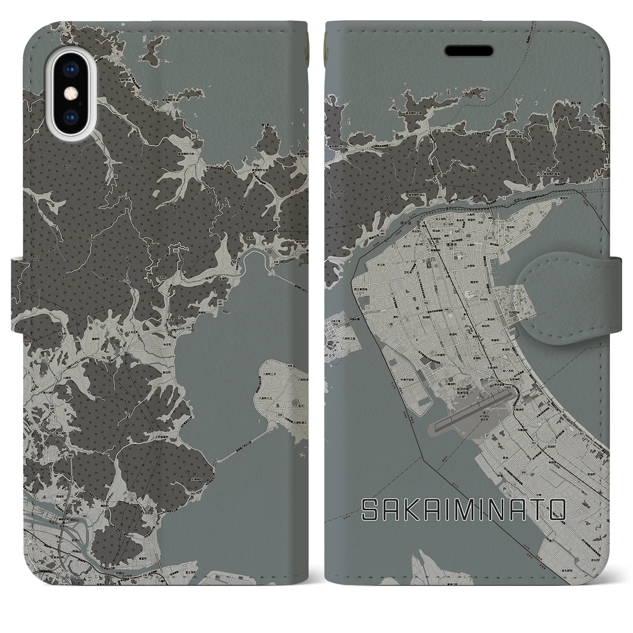 【境港(鳥取県)】地図柄iPhoneケース(手帳タイプ)モノトーン・iPhone XS Max 用