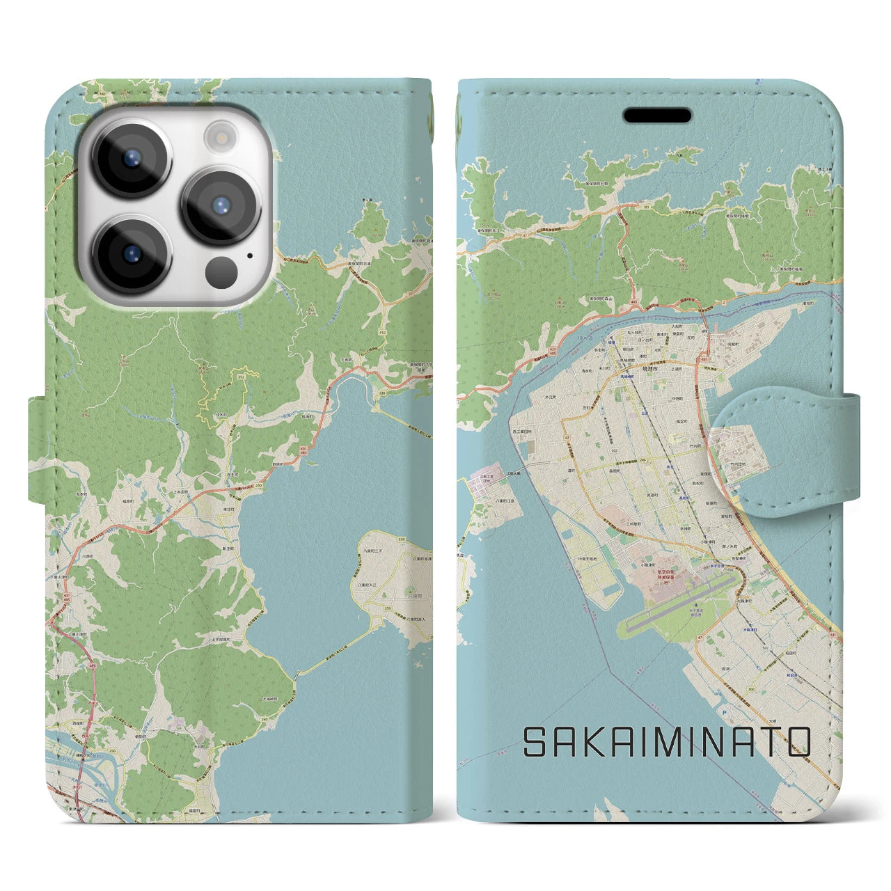【境港(鳥取県)】地図柄iPhoneケース(手帳タイプ)ナチュラル・iPhone 14 Pro 用
