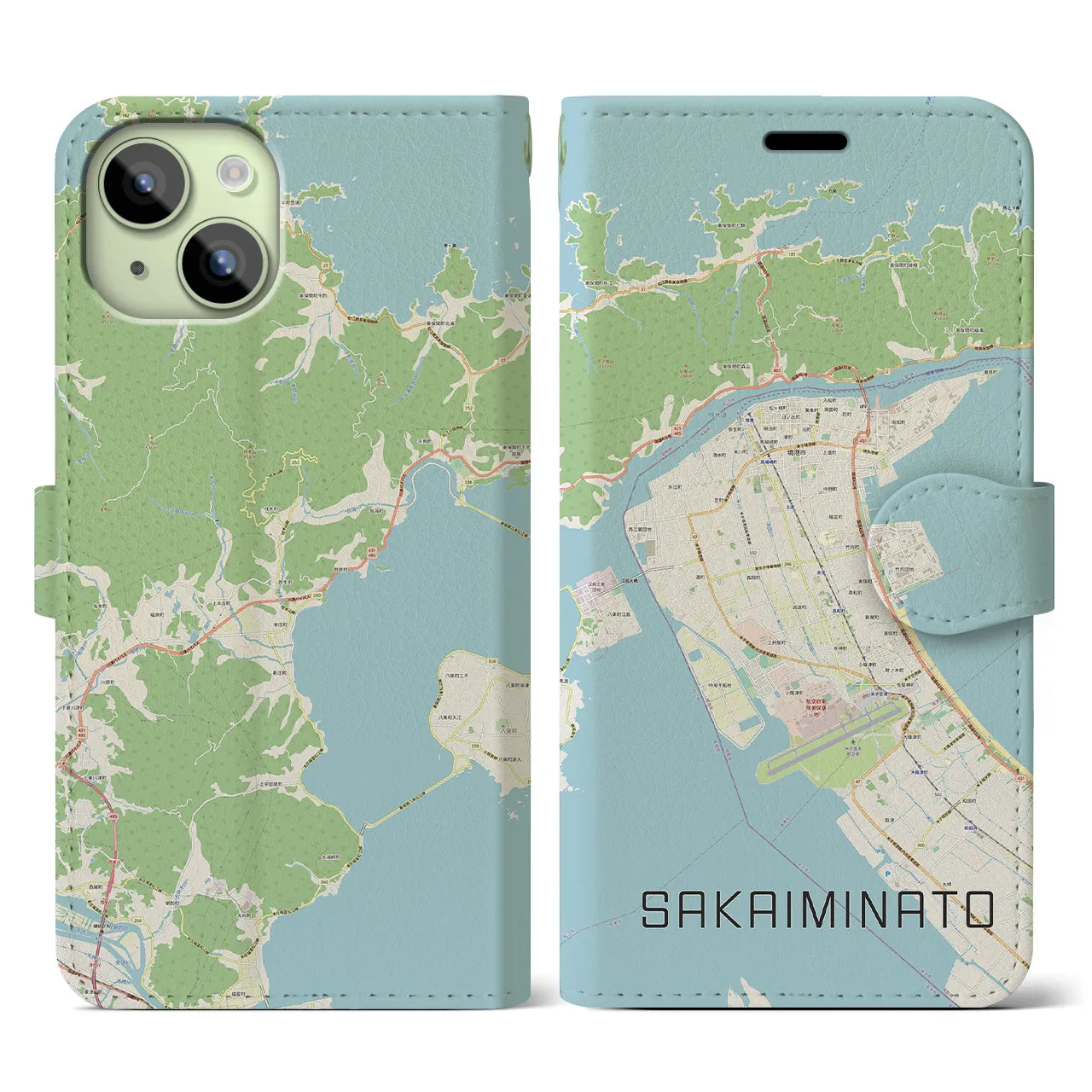【境港(鳥取県)】地図柄iPhoneケース(手帳タイプ)ナチュラル・iPhone 15 用