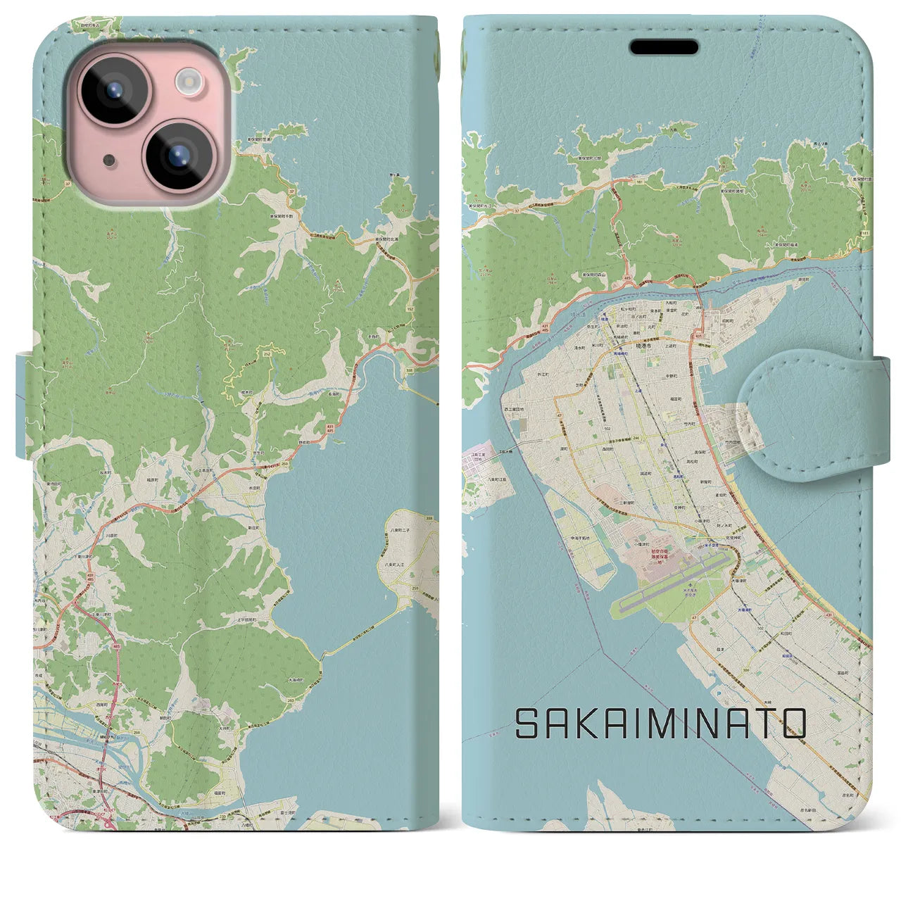 【境港(鳥取県)】地図柄iPhoneケース(手帳タイプ)ナチュラル・iPhone 15 Plus 用