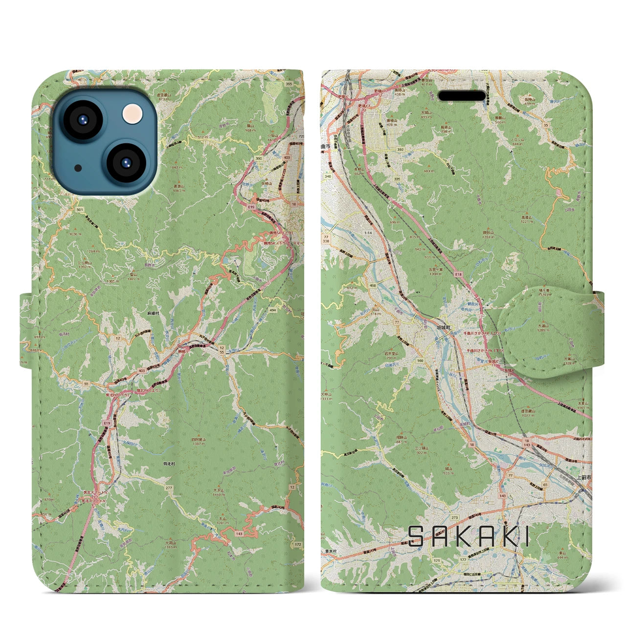 【坂城(長野県)】地図柄iPhoneケース(手帳タイプ)