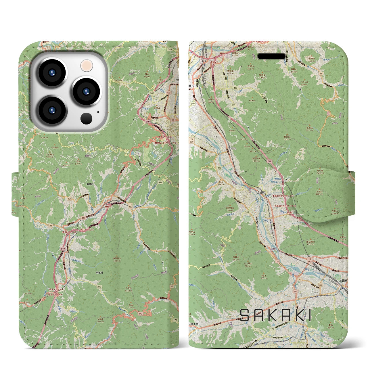 【坂城(長野県)】地図柄iPhoneケース(手帳タイプ)