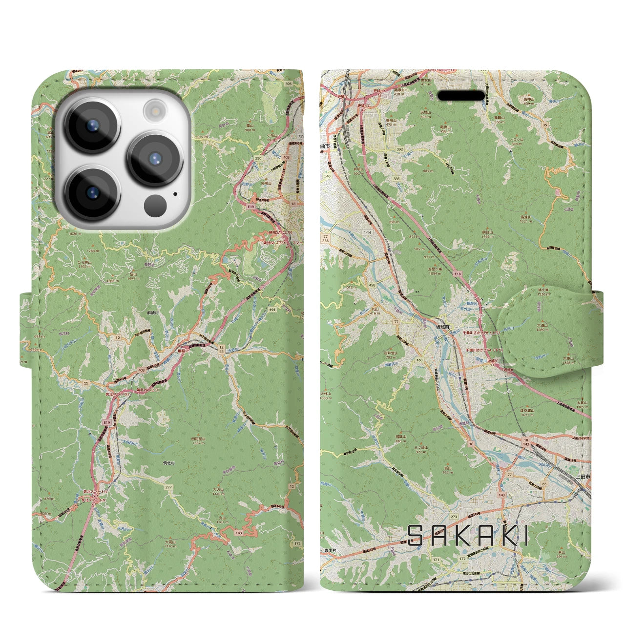 【坂城(長野県)】地図柄iPhoneケース(手帳タイプ)