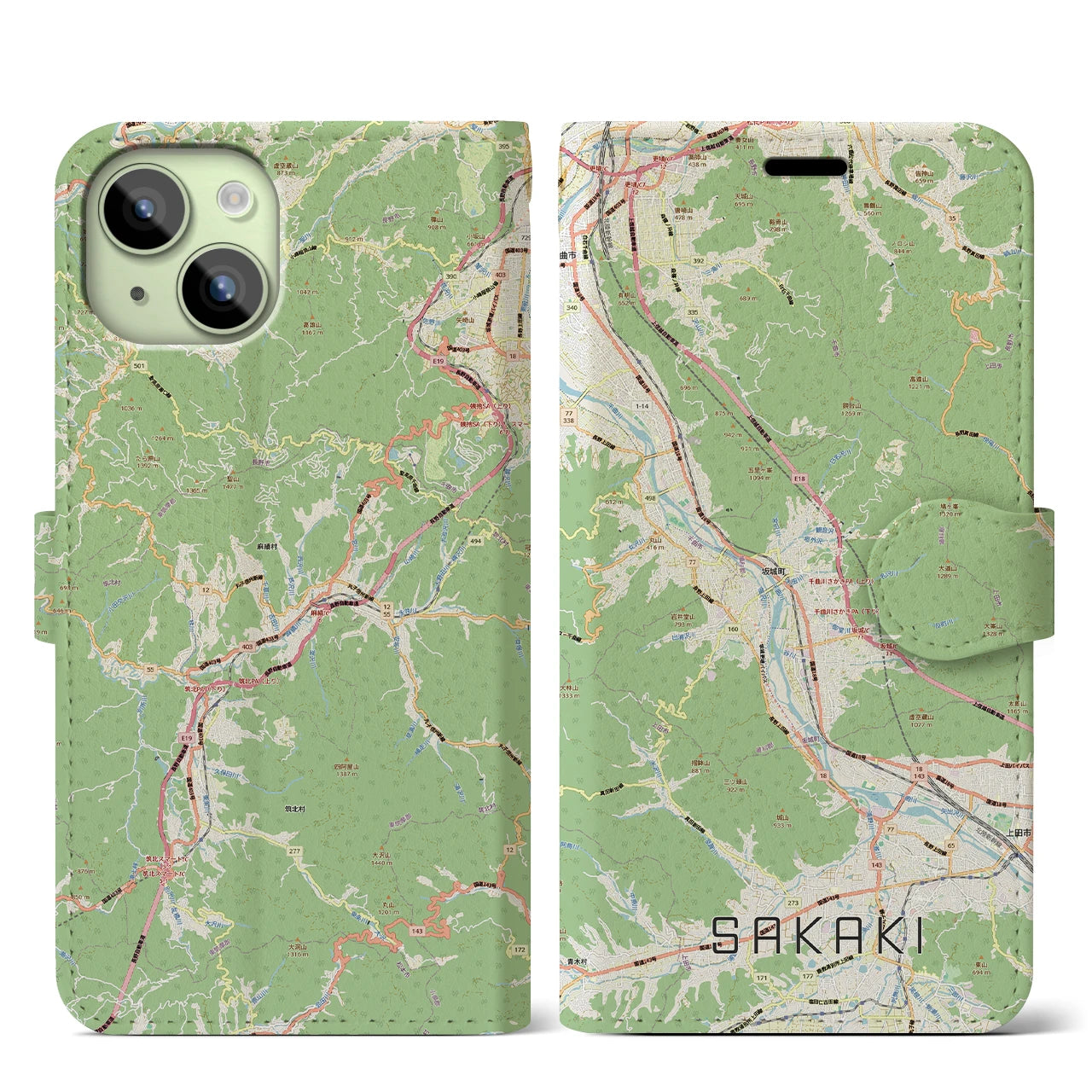 【坂城(長野県)】地図柄iPhoneケース(手帳タイプ)