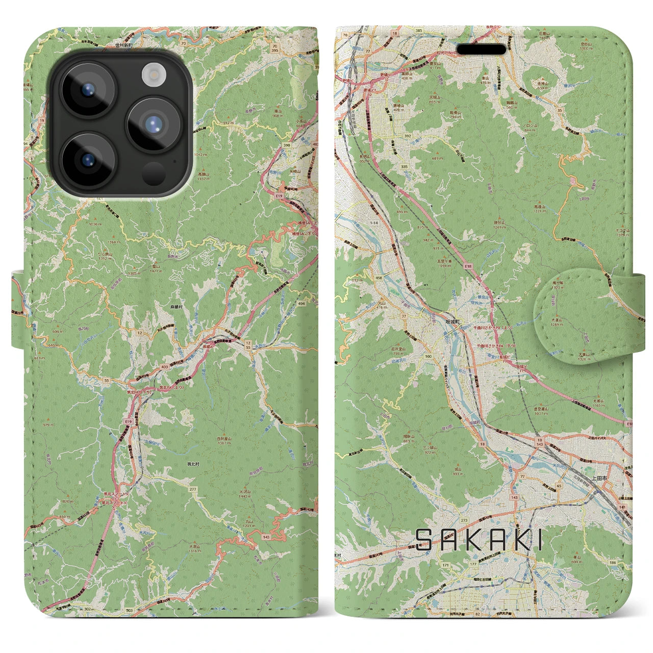 【坂城(長野県)】地図柄iPhoneケース(手帳タイプ)