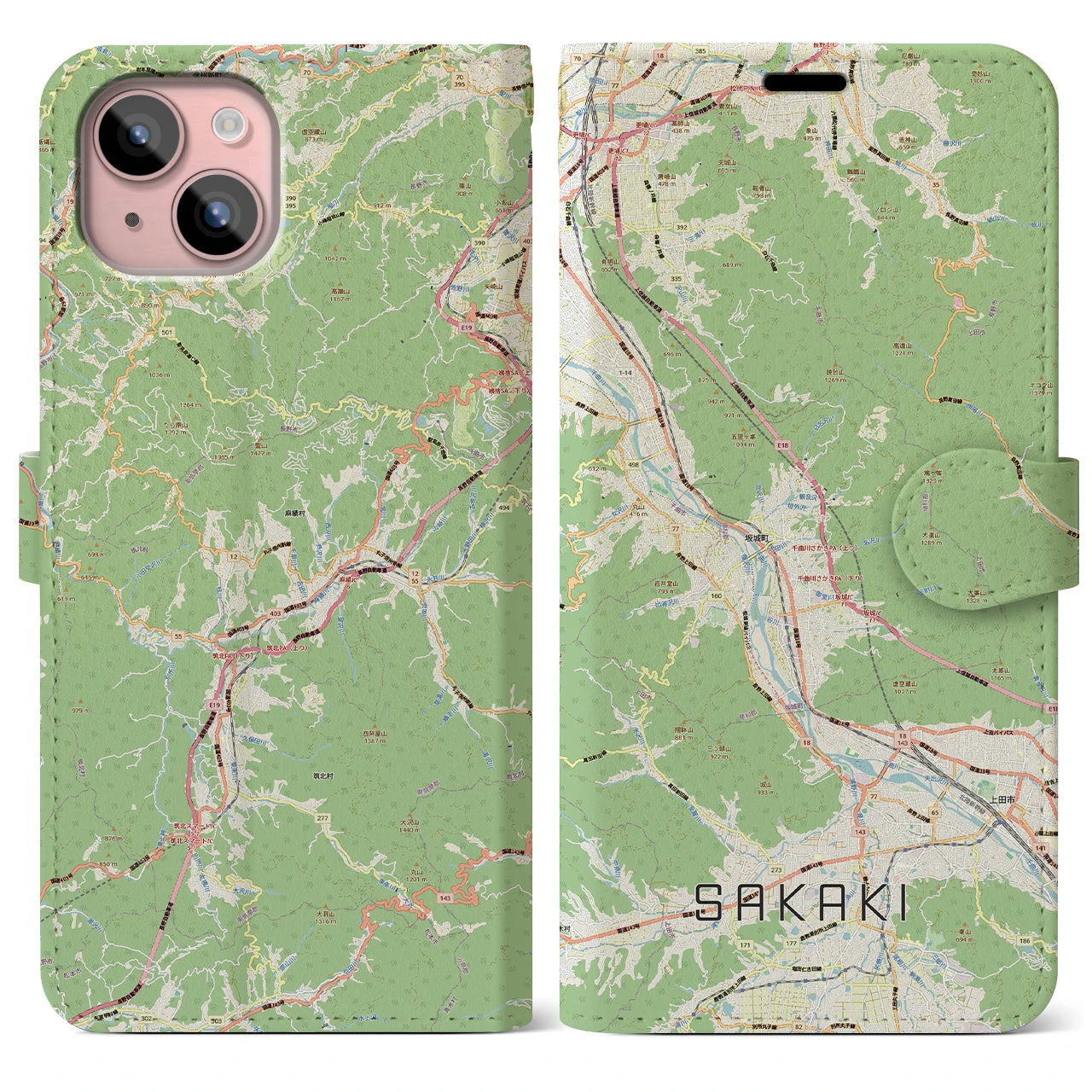 【坂城(長野県)】地図柄iPhoneケース(手帳タイプ)