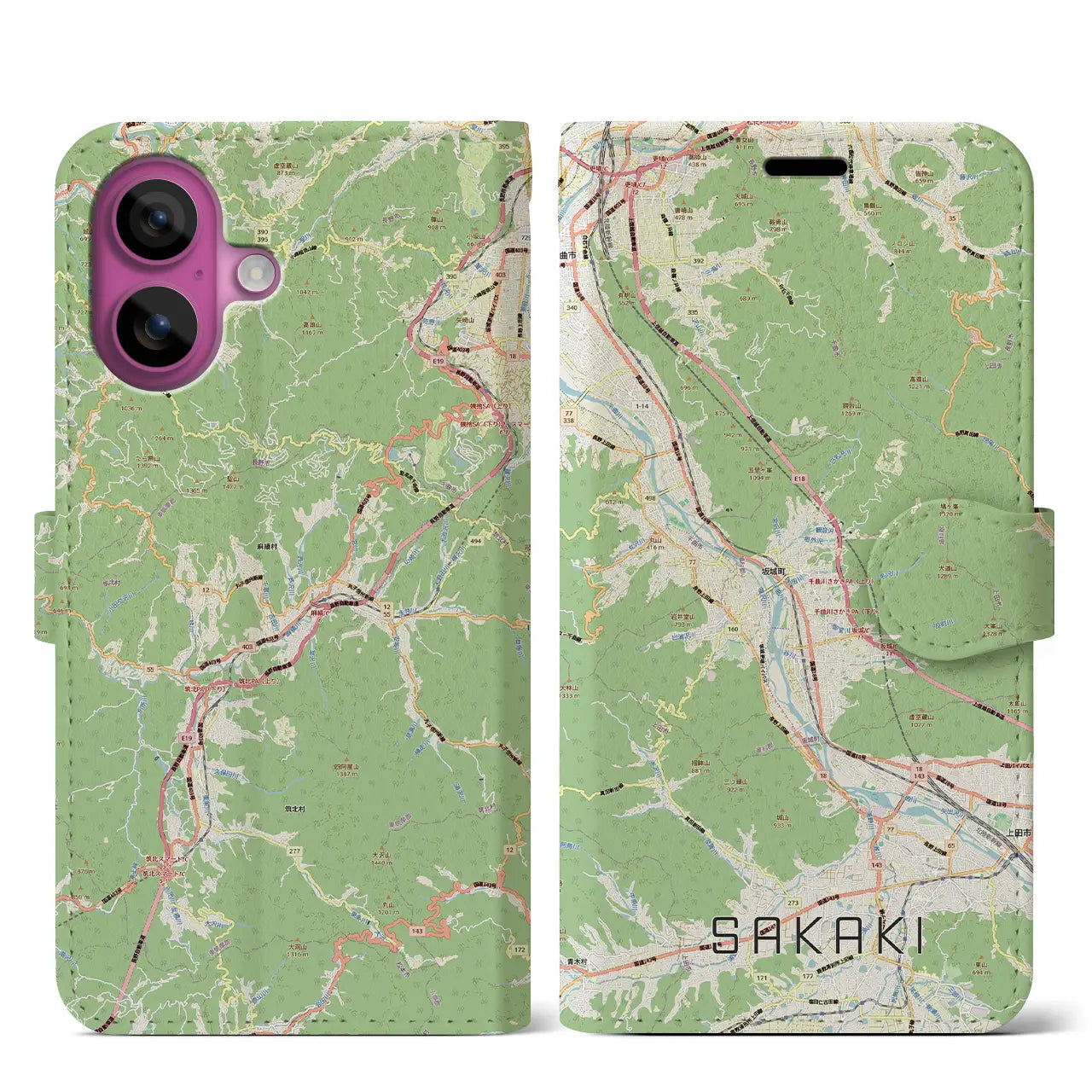 【坂城(長野県)】地図柄iPhoneケース(手帳タイプ)