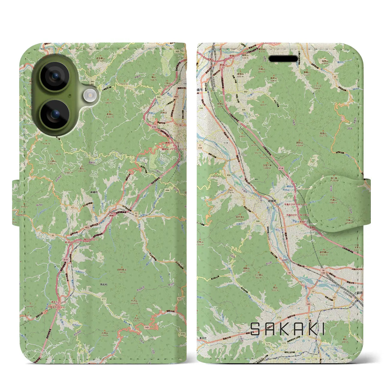【坂城(長野県)】地図柄iPhoneケース(手帳タイプ)