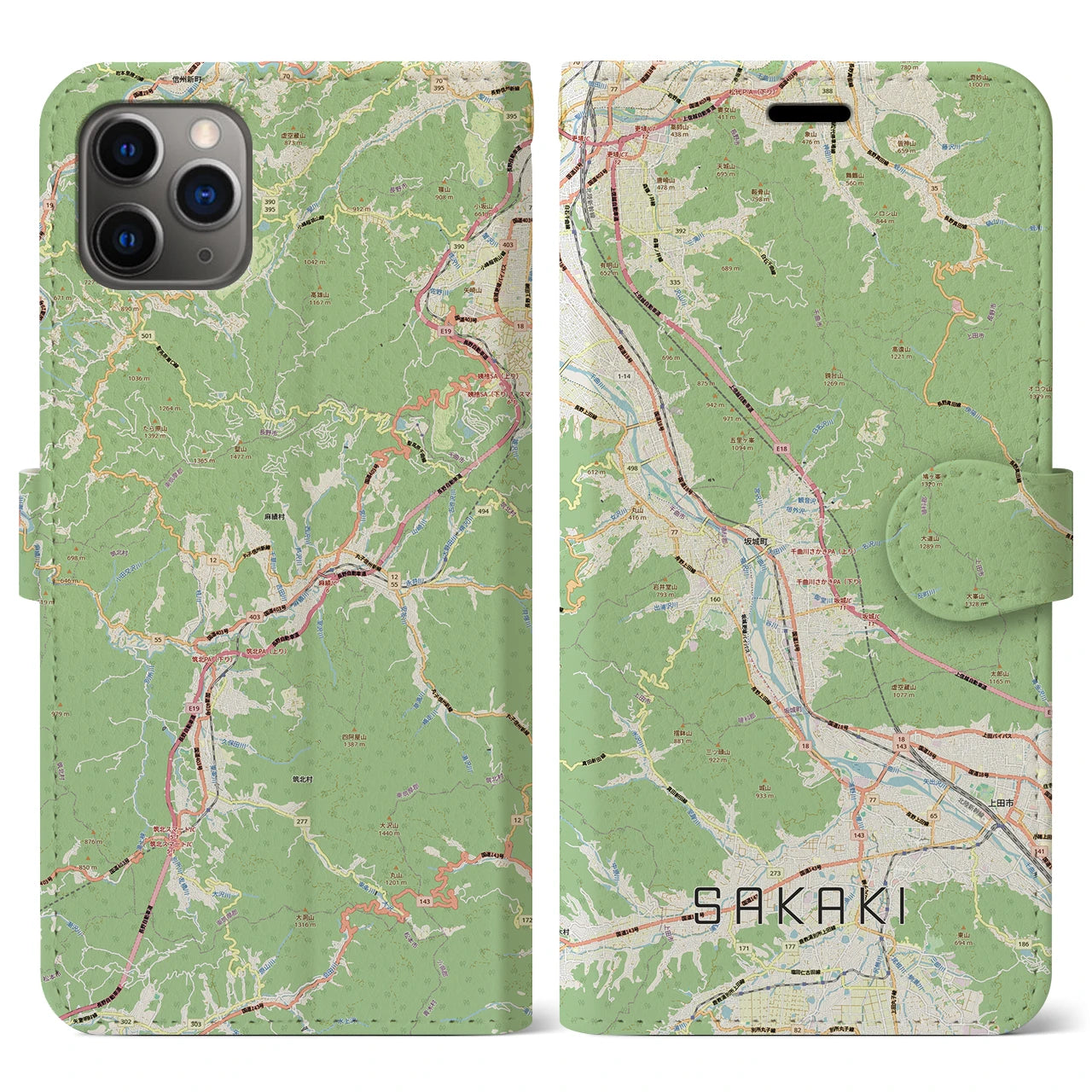 【坂城(長野県)】地図柄iPhoneケース(手帳タイプ)