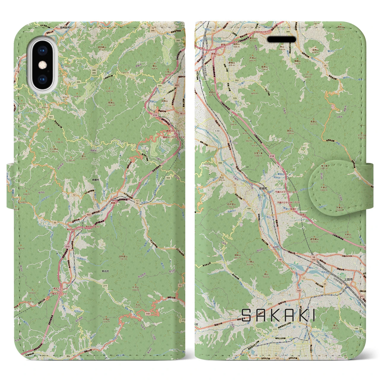 【坂城(長野県)】地図柄iPhoneケース(手帳タイプ)