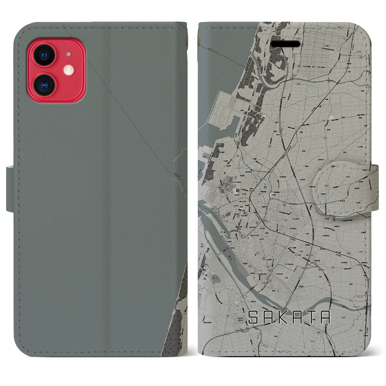【酒田(山形県)】地図柄iPhoneケース(手帳タイプ)モノトーン・iPhone 11 用