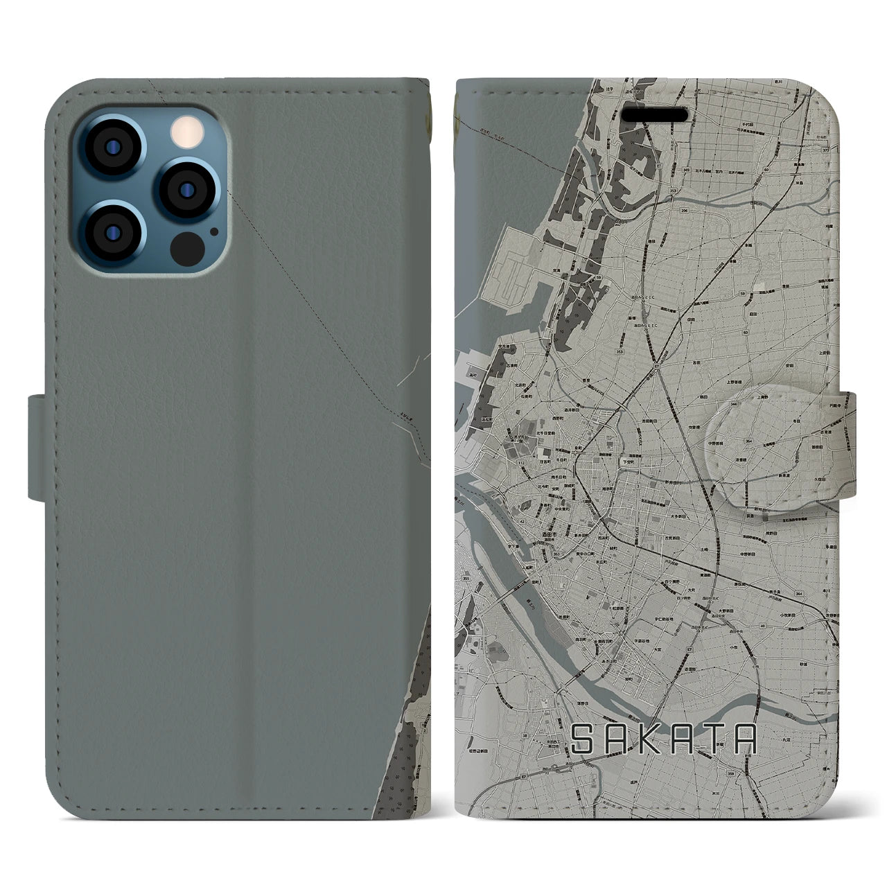 【酒田(山形県)】地図柄iPhoneケース(手帳タイプ)モノトーン・iPhone 12 / 12 Pro 用