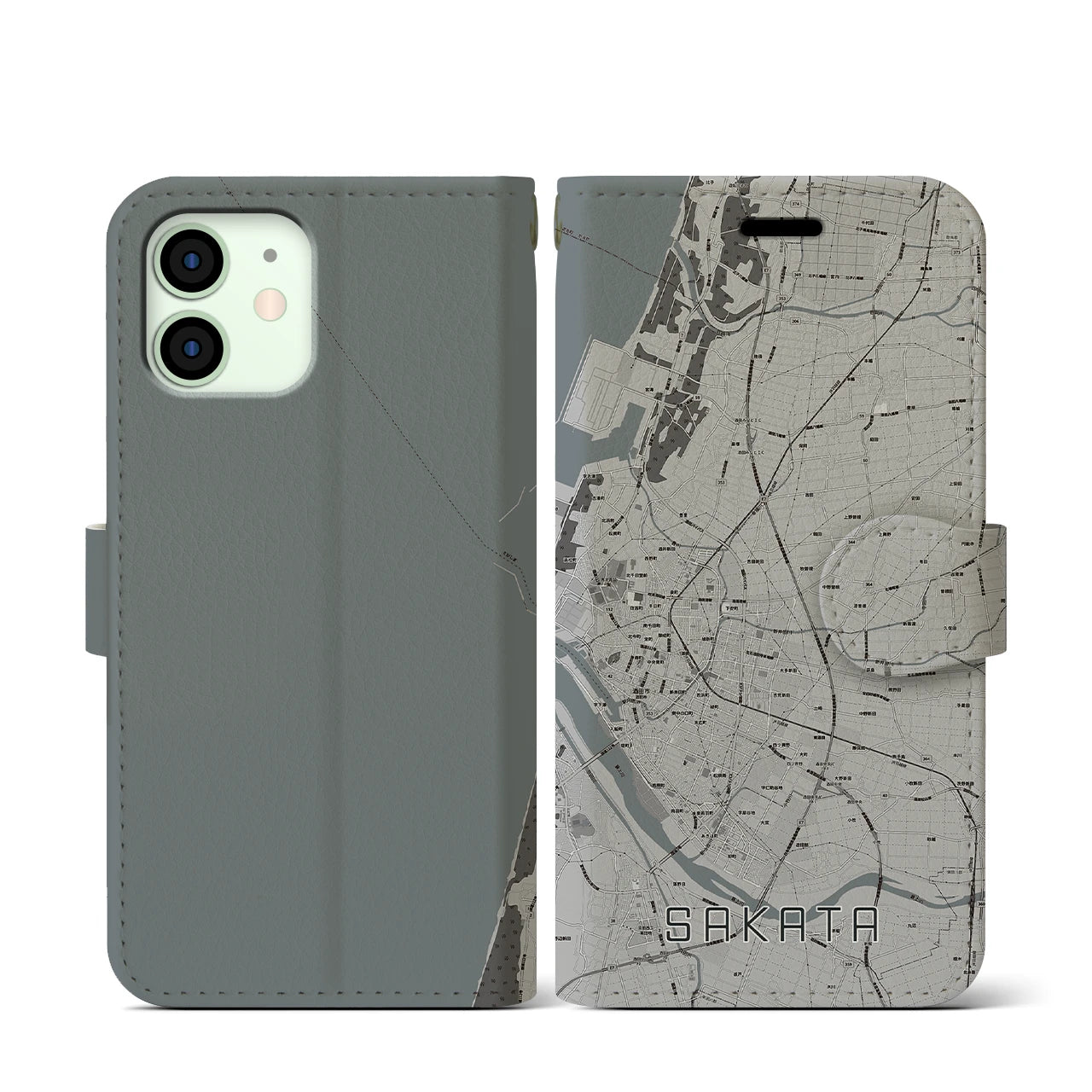 【酒田(山形県)】地図柄iPhoneケース(手帳タイプ)モノトーン・iPhone 12 mini 用