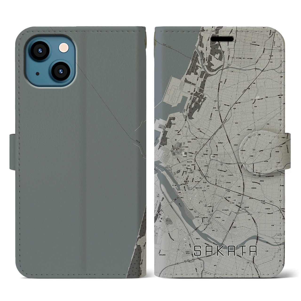 【酒田(山形県)】地図柄iPhoneケース(手帳タイプ)モノトーン・iPhone 13 用