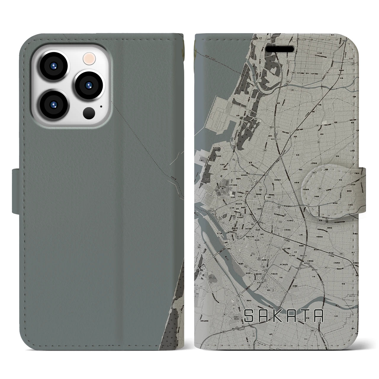【酒田(山形県)】地図柄iPhoneケース(手帳タイプ)モノトーン・iPhone 13 Pro 用