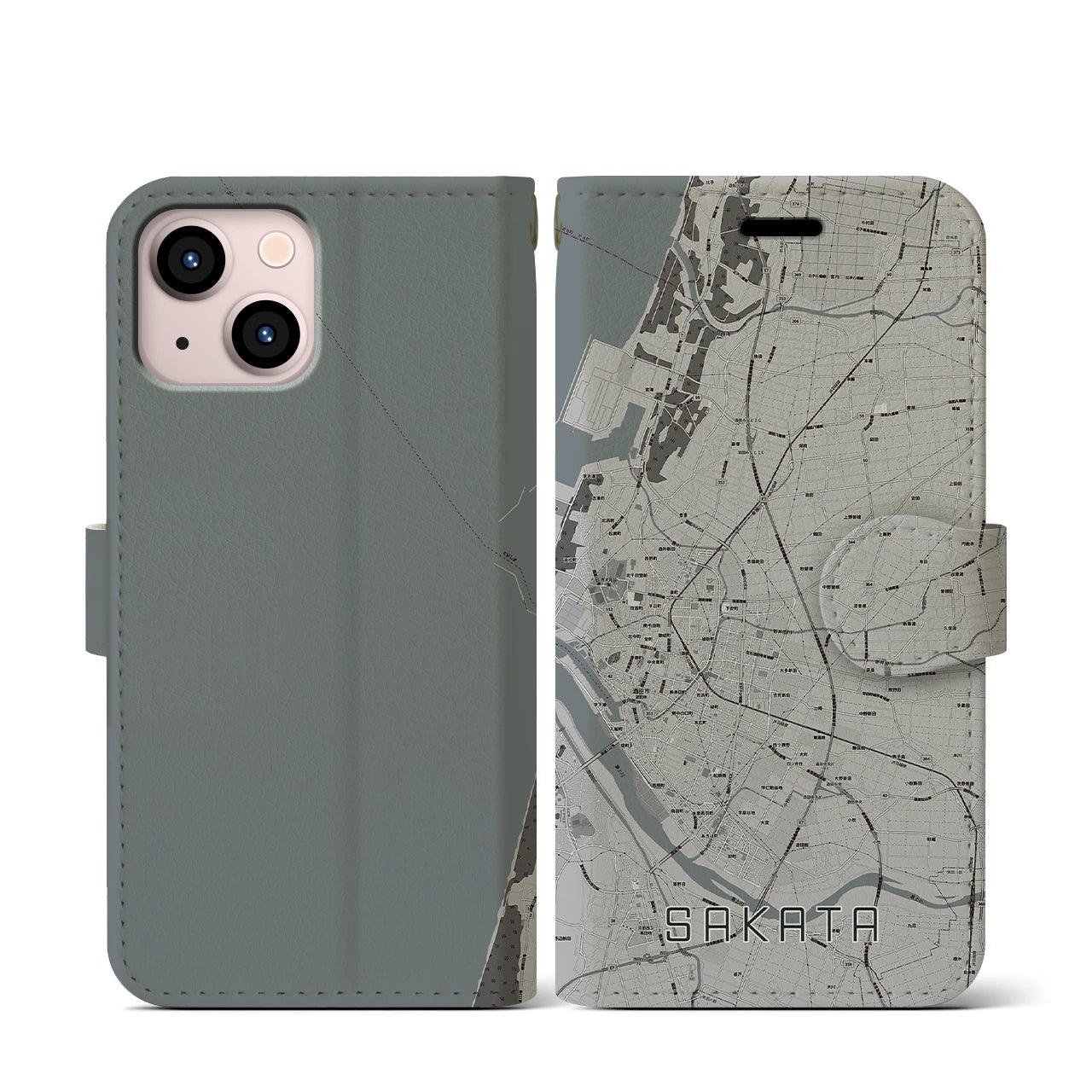 【酒田(山形県)】地図柄iPhoneケース(手帳タイプ)モノトーン・iPhone 13 mini 用