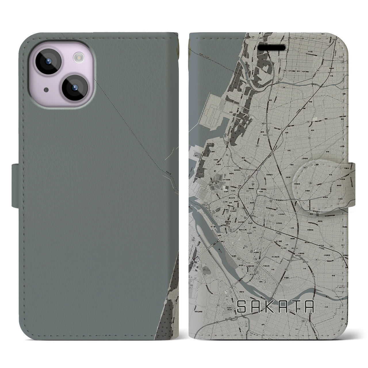 【酒田(山形県)】地図柄iPhoneケース(手帳タイプ)モノトーン・iPhone 14 用