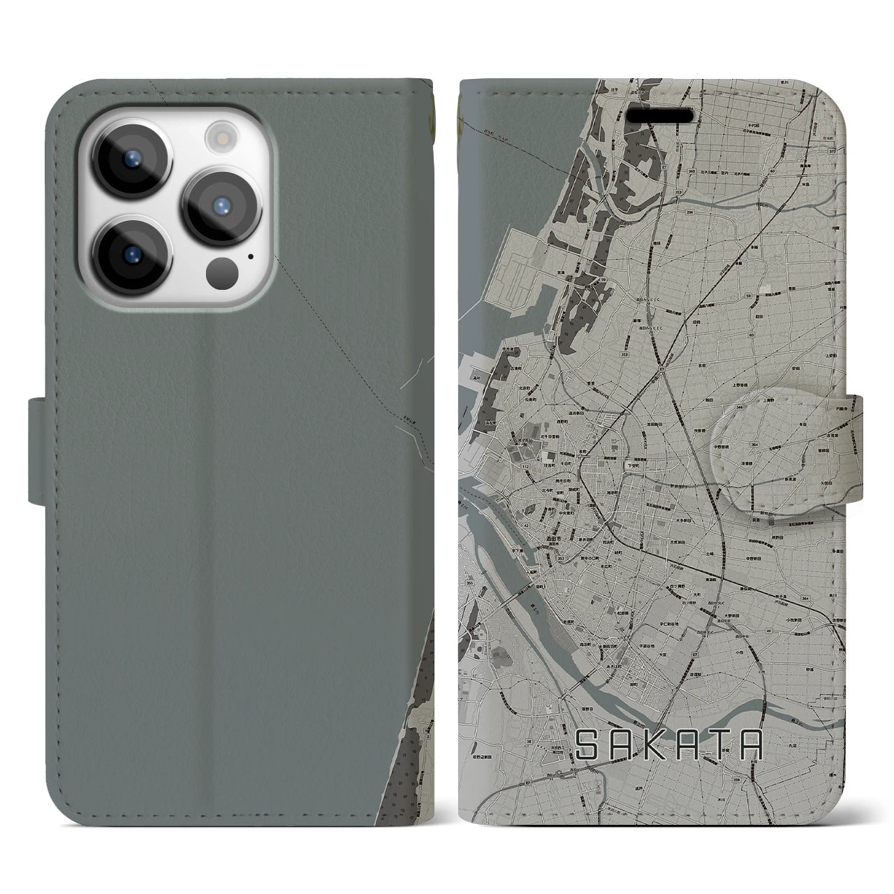 【酒田(山形県)】地図柄iPhoneケース(手帳タイプ)モノトーン・iPhone 14 Pro 用