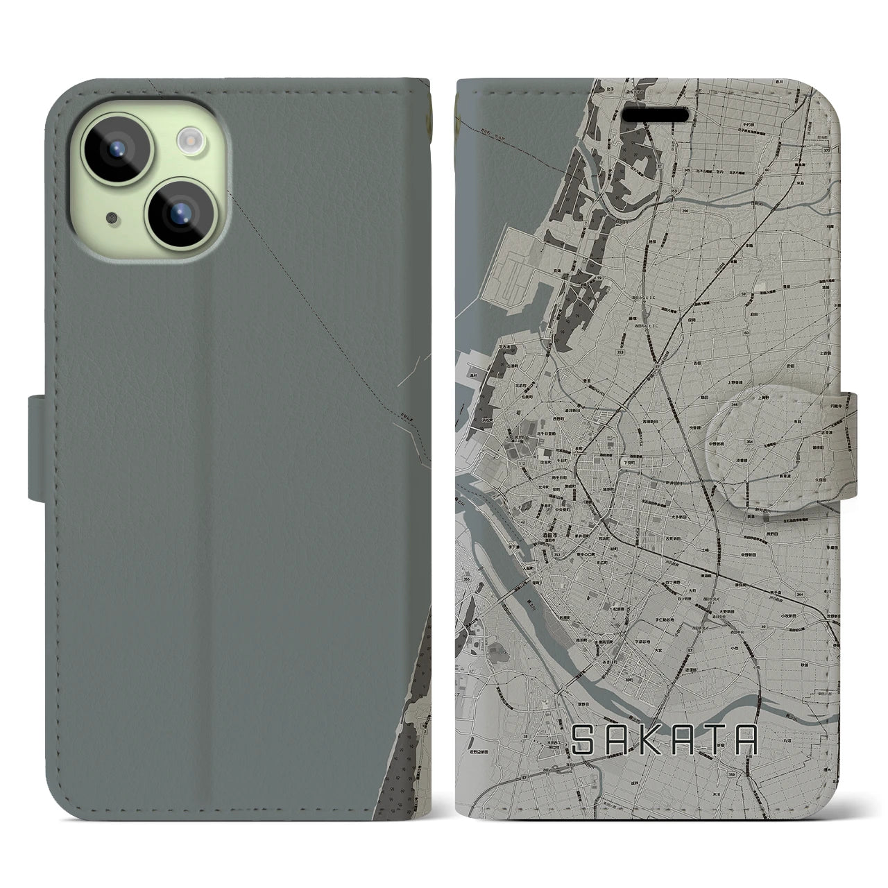 【酒田(山形県)】地図柄iPhoneケース(手帳タイプ)モノトーン・iPhone 15 用