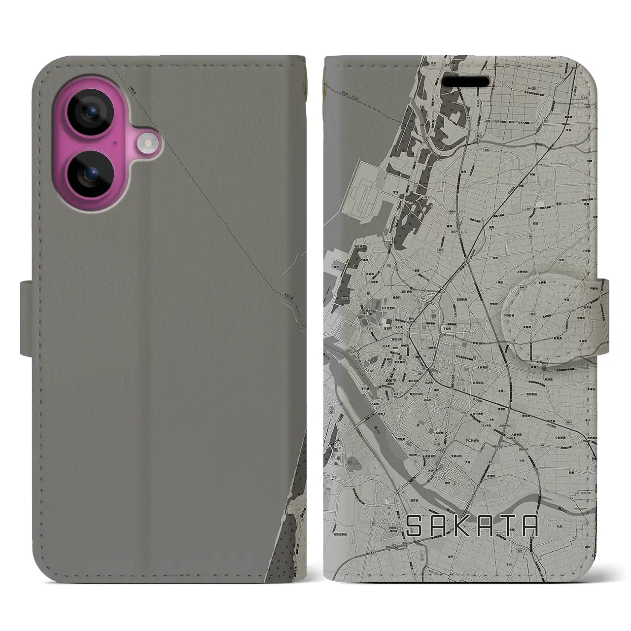 【酒田(山形県)】地図柄iPhoneケース(手帳タイプ)モノトーン・iPhone 16 Pro 用