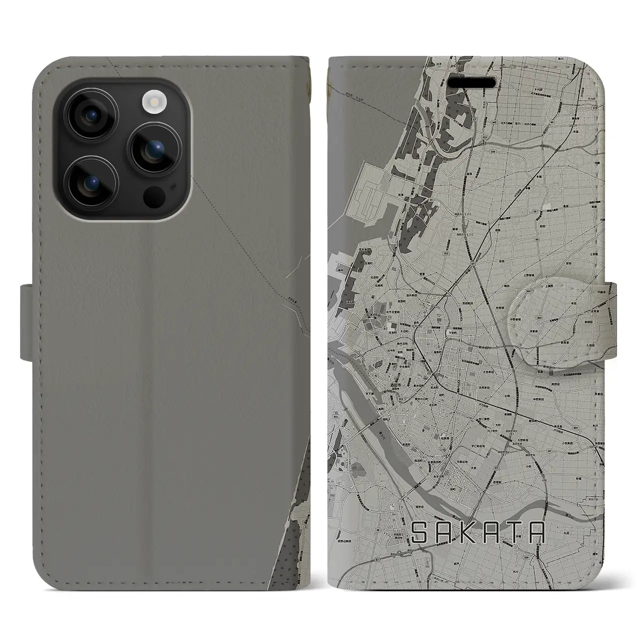 【酒田(山形県)】地図柄iPhoneケース(手帳タイプ)モノトーン・iPhone 16 用