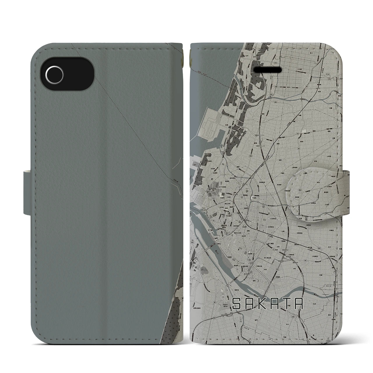 【酒田(山形県)】地図柄iPhoneケース(手帳タイプ)モノトーン・iPhone SE(第3 / 第2世代) / 8 / 7 / 6s / 6 用