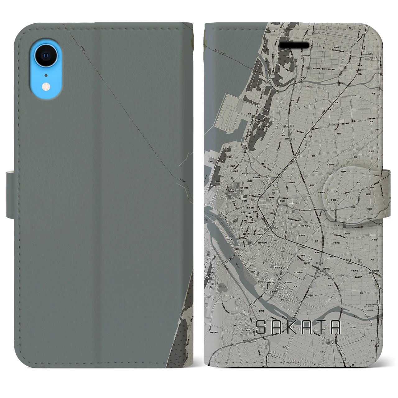【酒田(山形県)】地図柄iPhoneケース(手帳タイプ)モノトーン・iPhone XR 用
