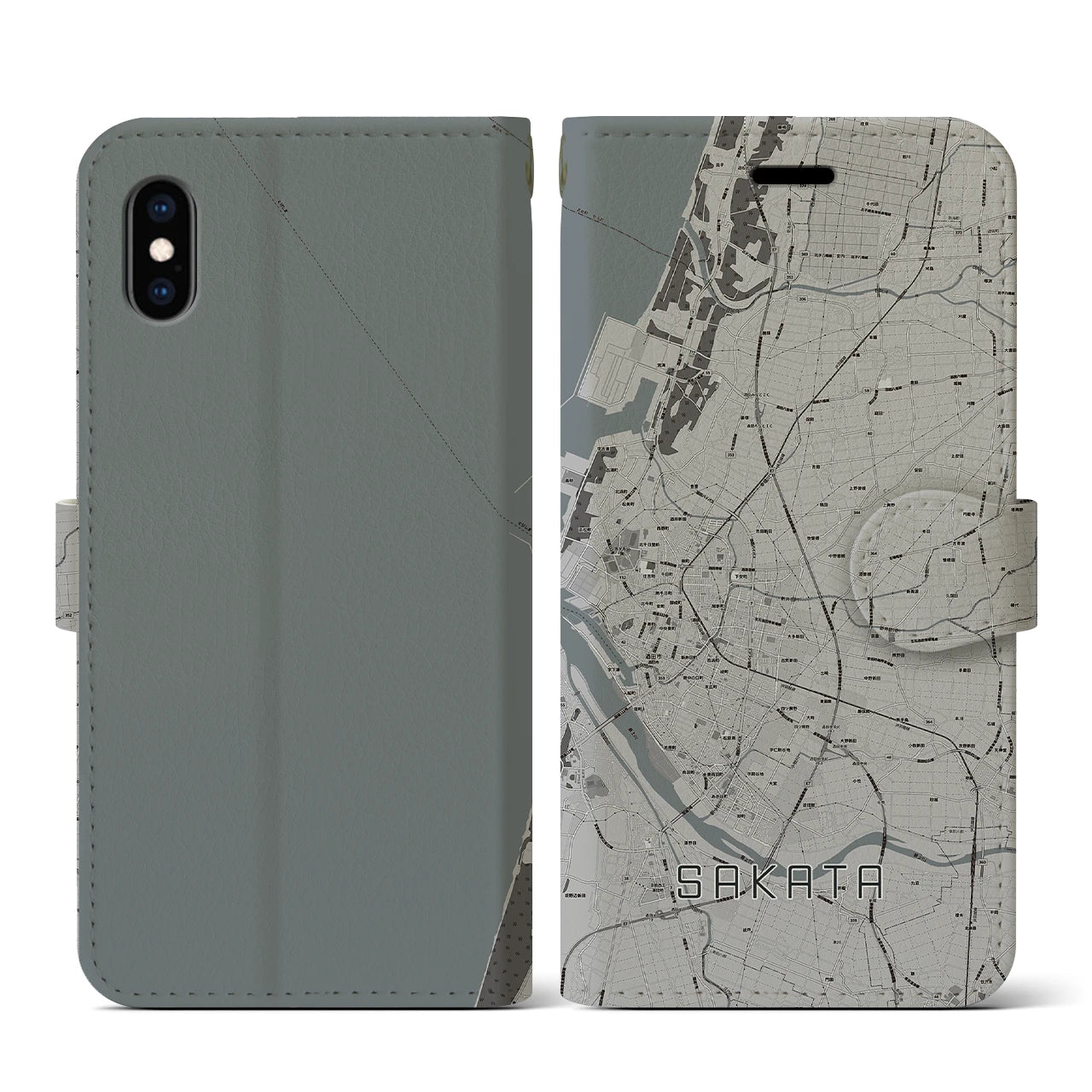 【酒田(山形県)】地図柄iPhoneケース(手帳タイプ)モノトーン・iPhone XS / X 用