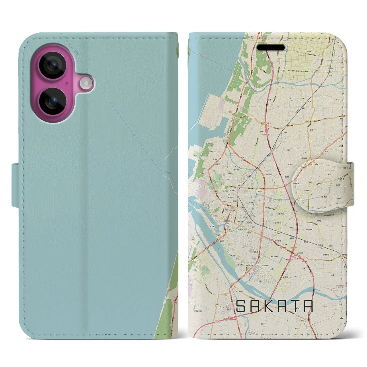 【酒田(山形県)】地図柄iPhoneケース(手帳タイプ)ナチュラル・iPhone 16 Pro 用