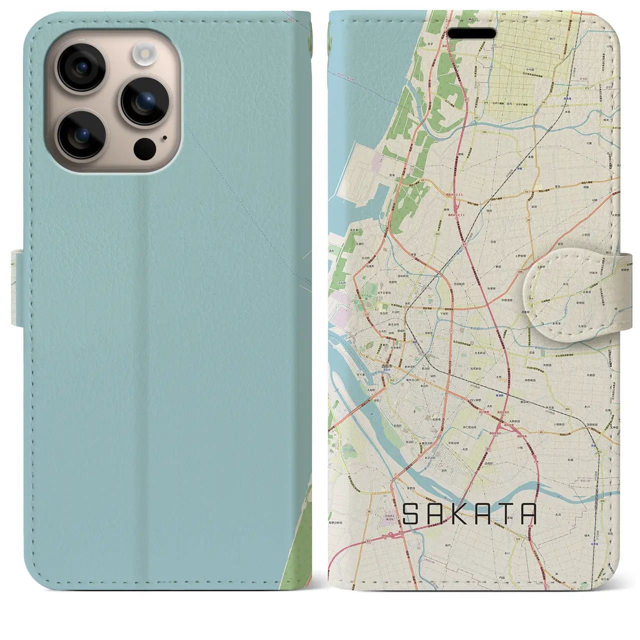 【酒田(山形県)】地図柄iPhoneケース(手帳タイプ)ナチュラル・iPhone 16 Plus 用