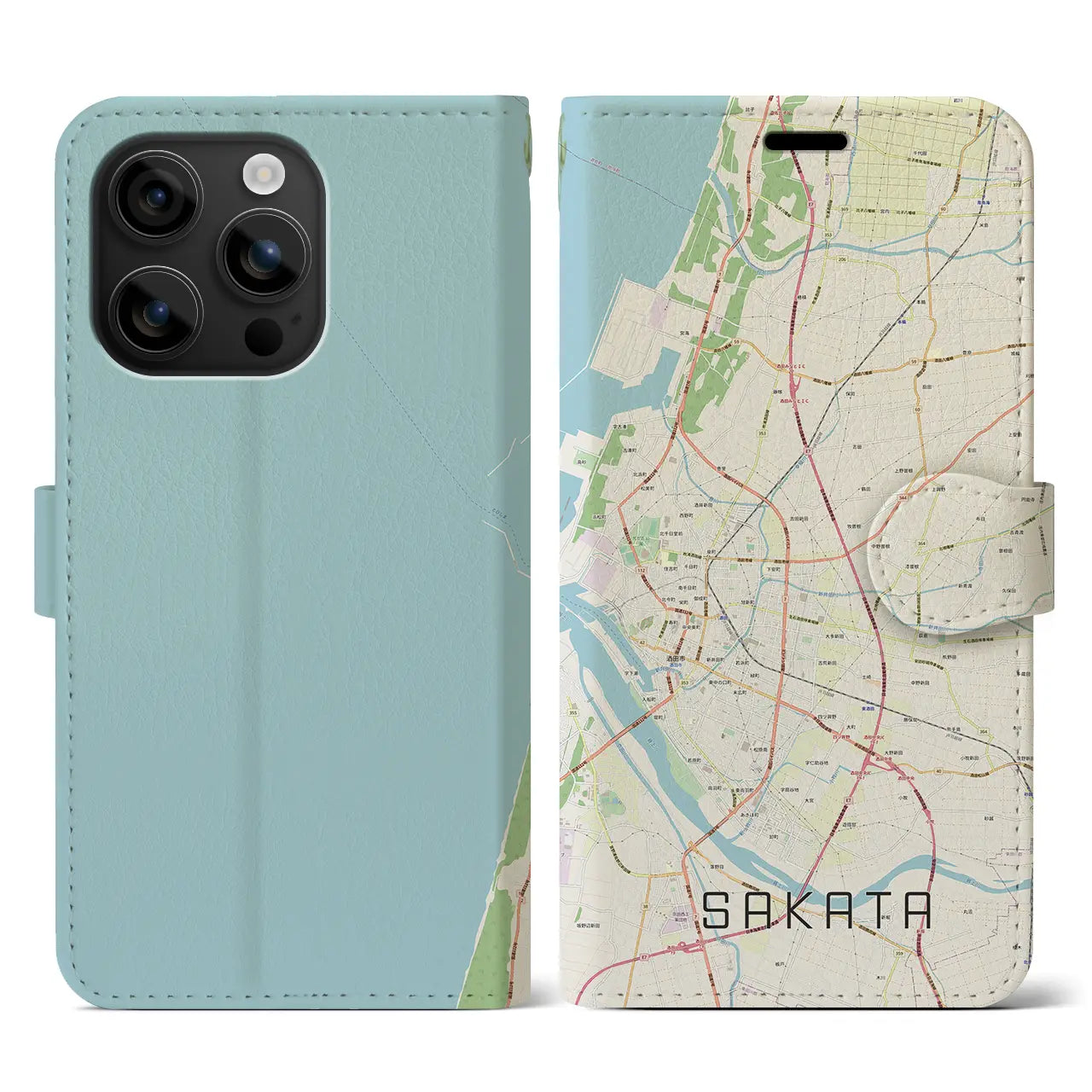 【酒田(山形県)】地図柄iPhoneケース(手帳タイプ)ナチュラル・iPhone 16 用