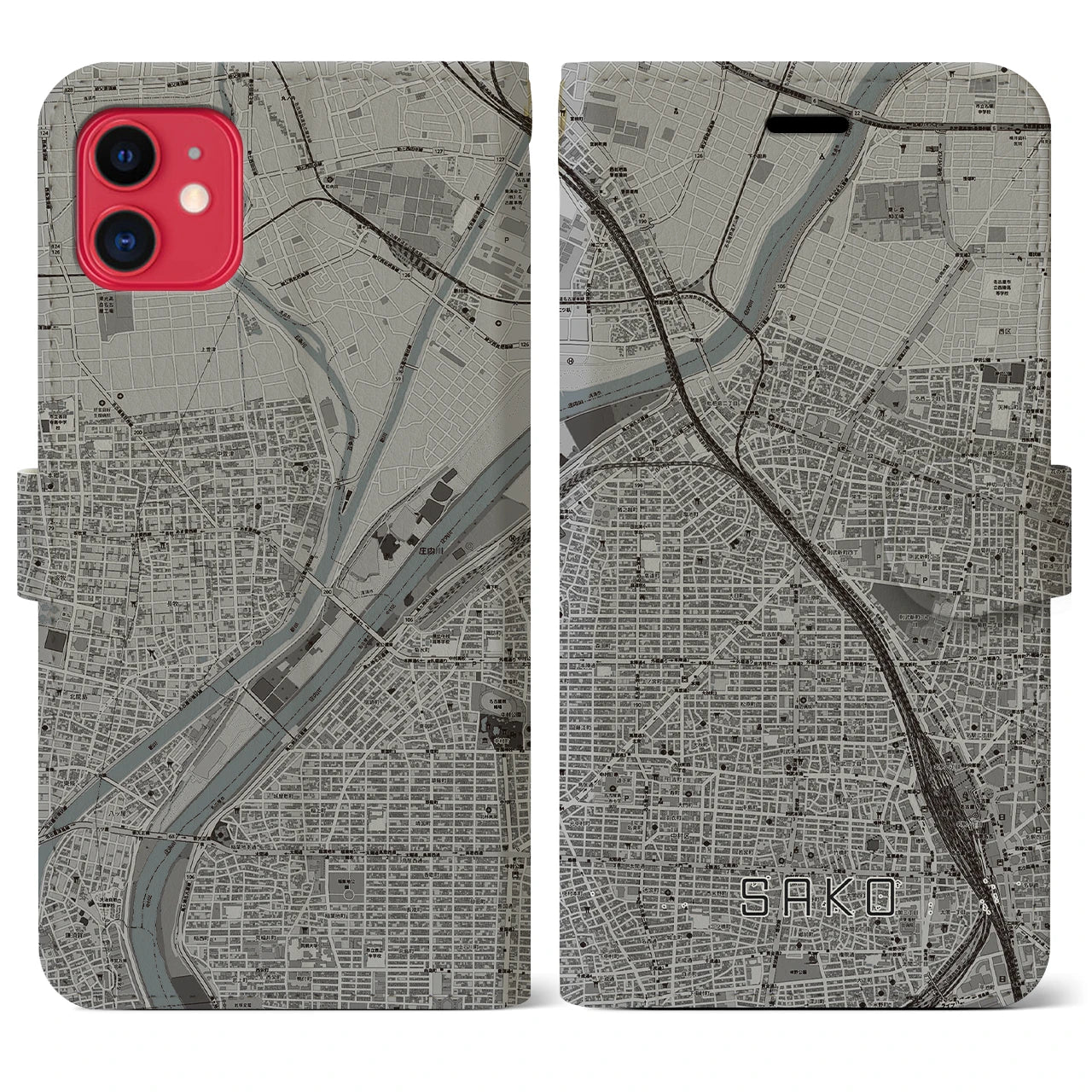 【栄生(愛知県)】地図柄iPhoneケース(手帳タイプ)モノトーン・iPhone 11 用