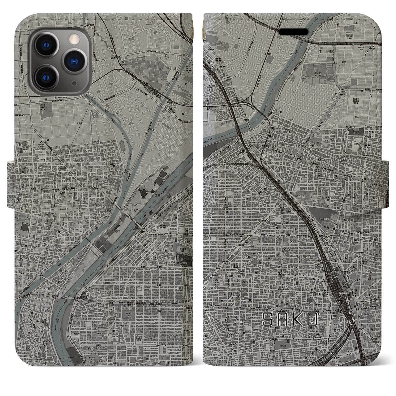 【栄生(愛知県)】地図柄iPhoneケース(手帳タイプ)モノトーン・iPhone 11 Pro Max 用
