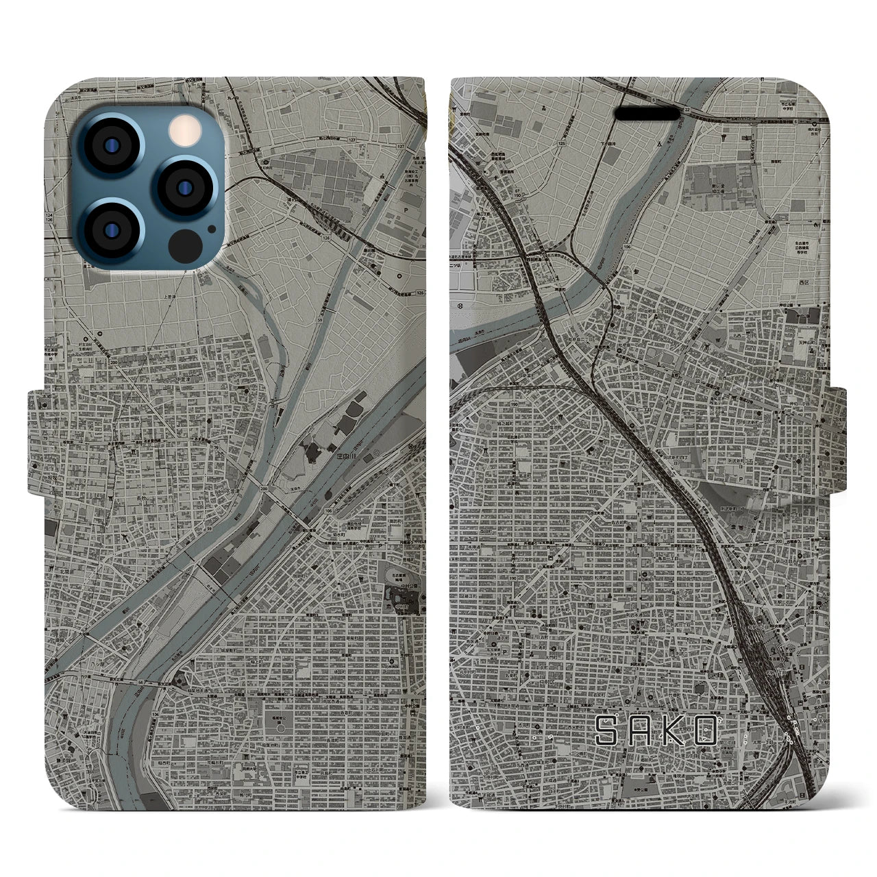 【栄生(愛知県)】地図柄iPhoneケース(手帳タイプ)モノトーン・iPhone 12 / 12 Pro 用
