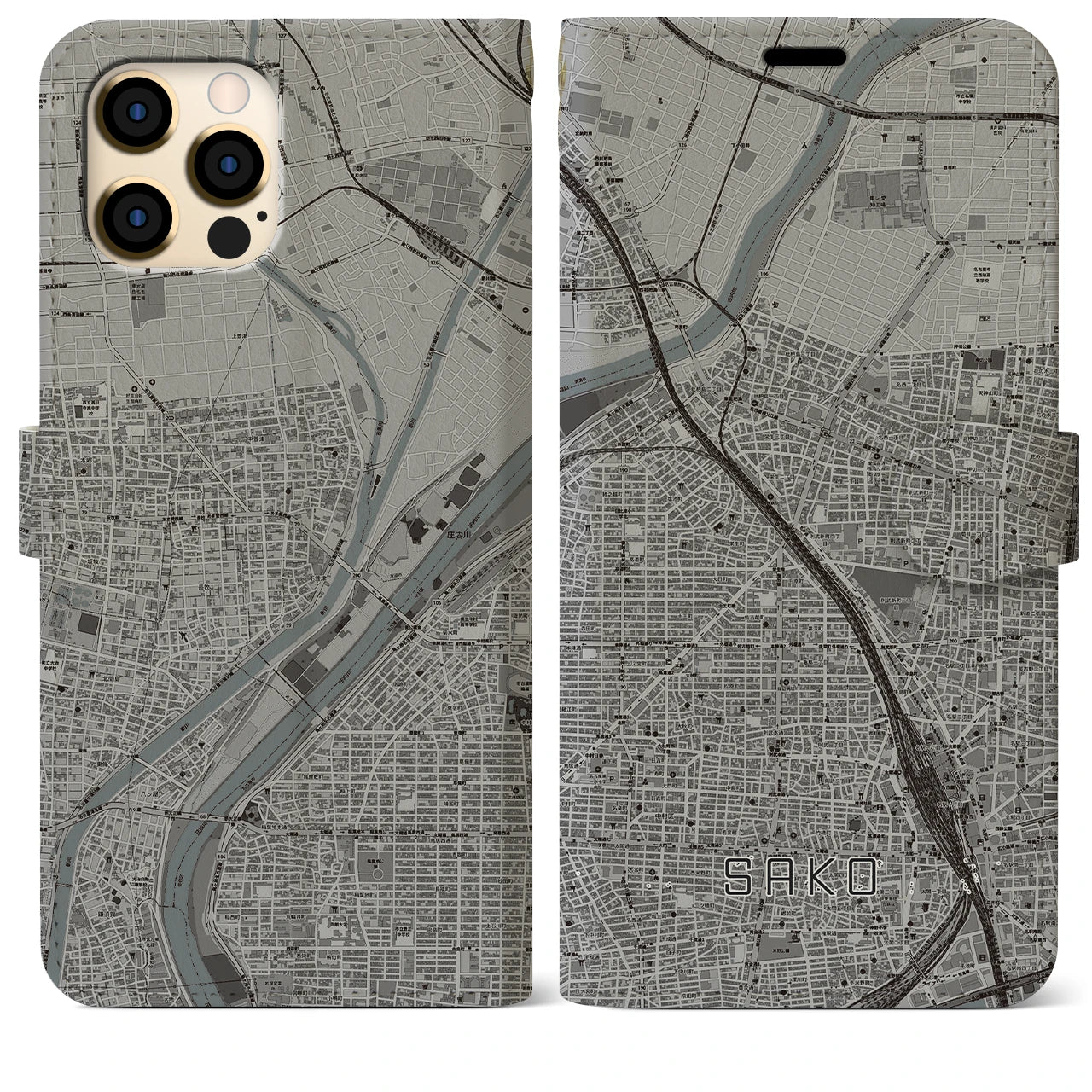 【栄生(愛知県)】地図柄iPhoneケース(手帳タイプ)モノトーン・iPhone 12 Pro Max 用