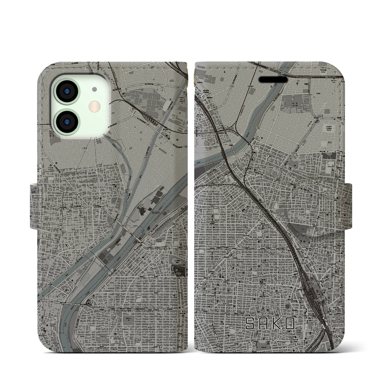 【栄生(愛知県)】地図柄iPhoneケース(手帳タイプ)モノトーン・iPhone 12 mini 用