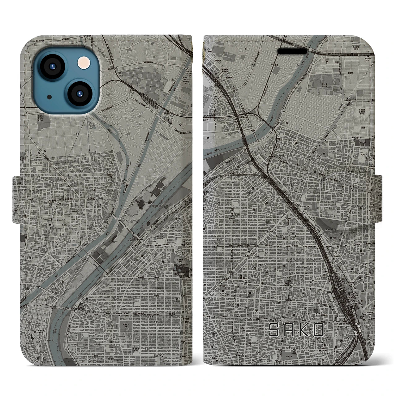 【栄生(愛知県)】地図柄iPhoneケース(手帳タイプ)モノトーン・iPhone 13 用