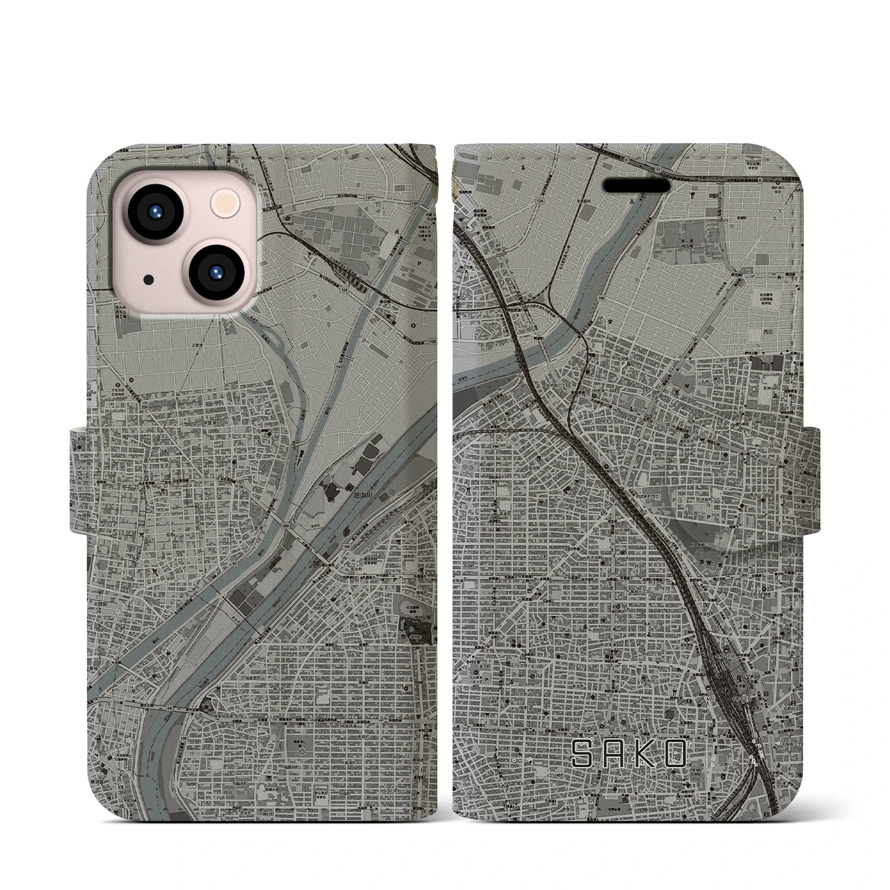 【栄生(愛知県)】地図柄iPhoneケース(手帳タイプ)モノトーン・iPhone 13 mini 用