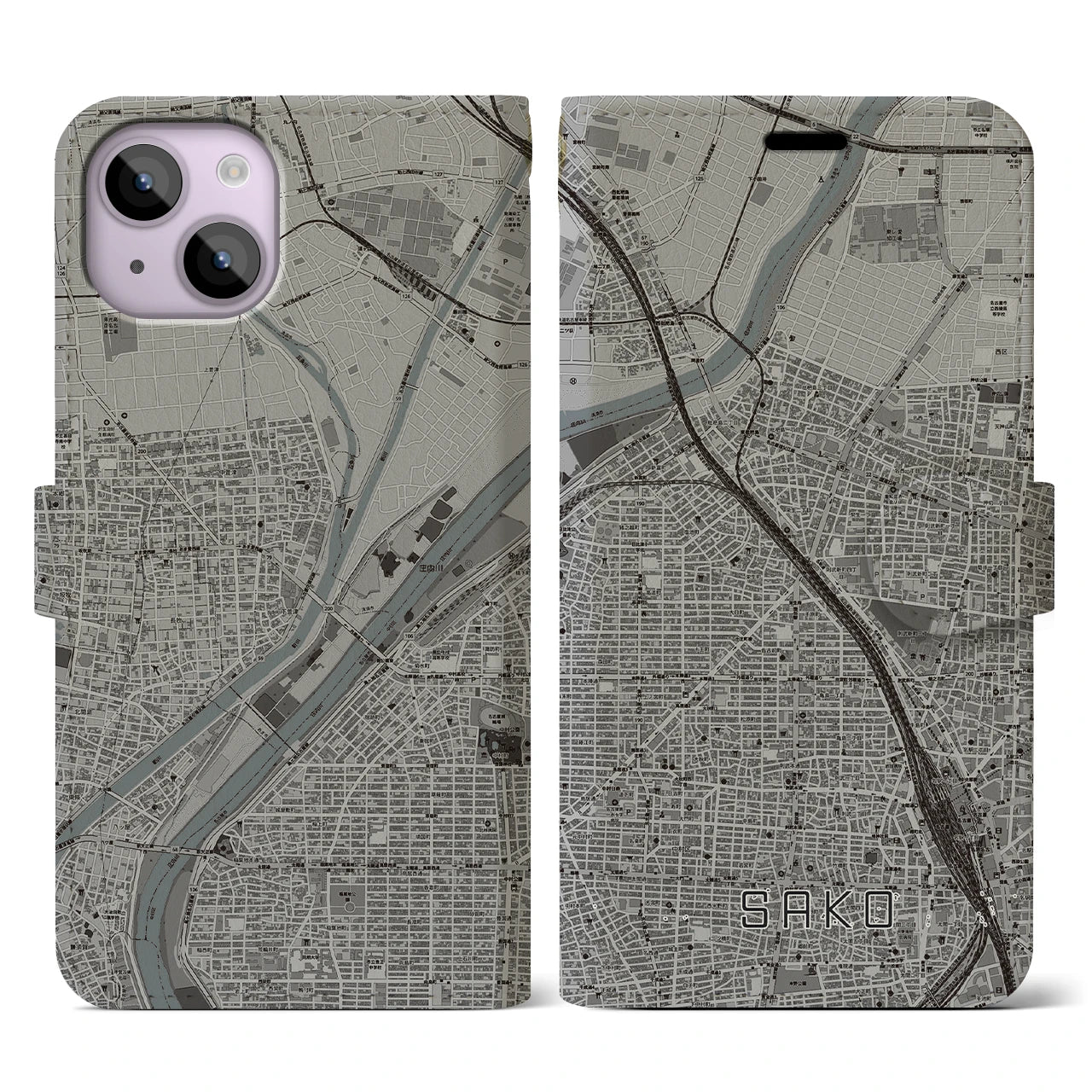 【栄生(愛知県)】地図柄iPhoneケース(手帳タイプ)モノトーン・iPhone 14 用