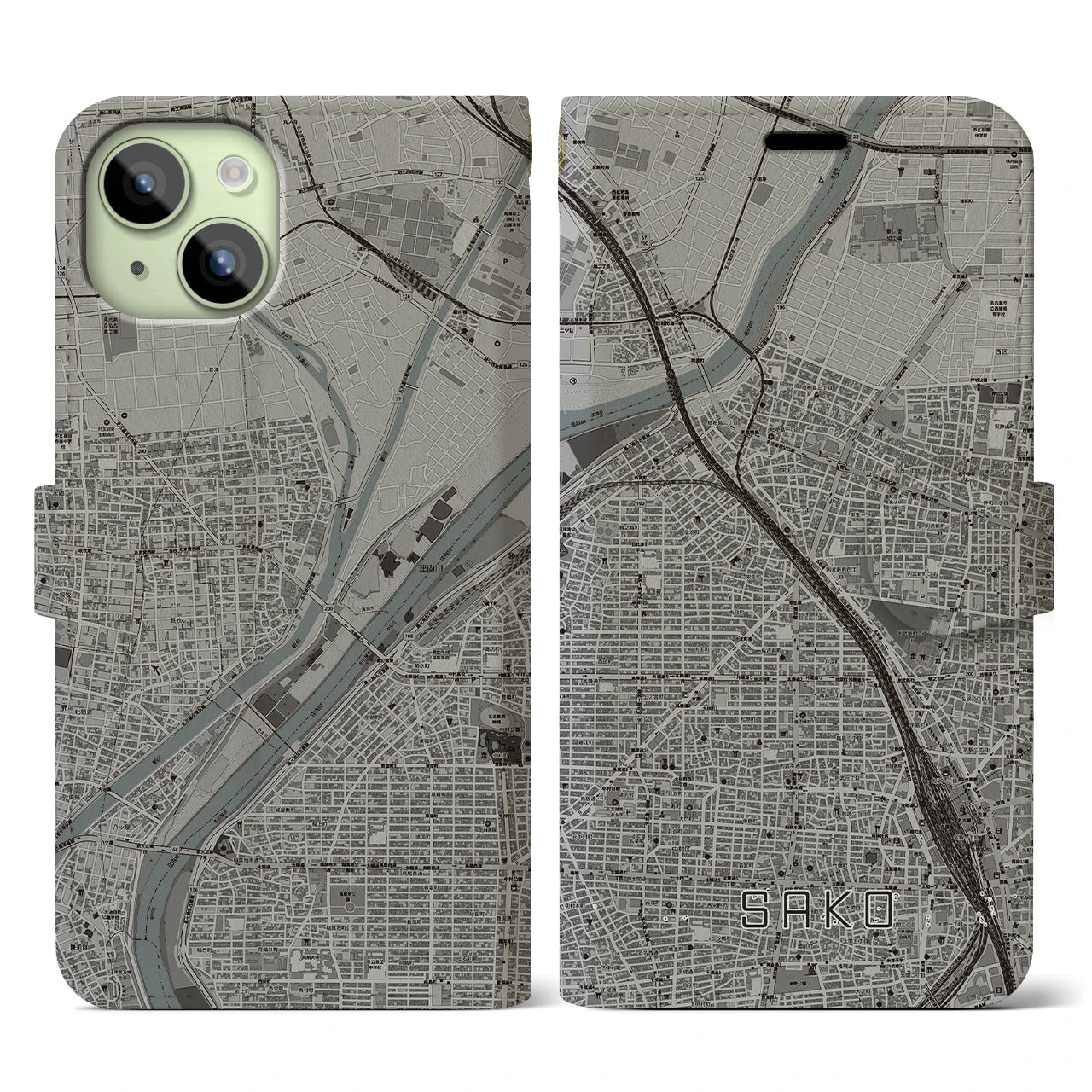 【栄生(愛知県)】地図柄iPhoneケース(手帳タイプ)モノトーン・iPhone 15 用