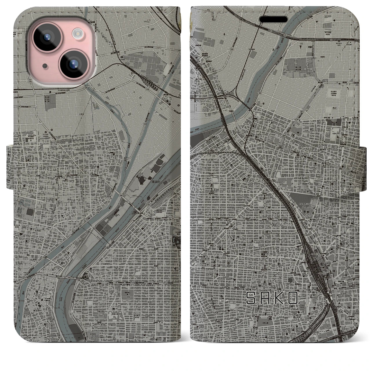 【栄生(愛知県)】地図柄iPhoneケース(手帳タイプ)モノトーン・iPhone 15 Plus 用