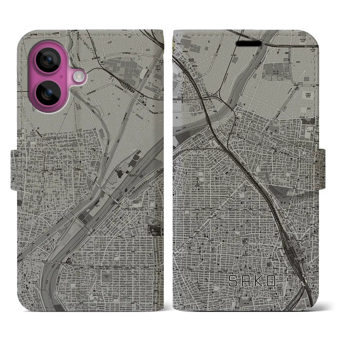 【栄生(愛知県)】地図柄iPhoneケース(手帳タイプ)モノトーン・iPhone 16 Pro 用
