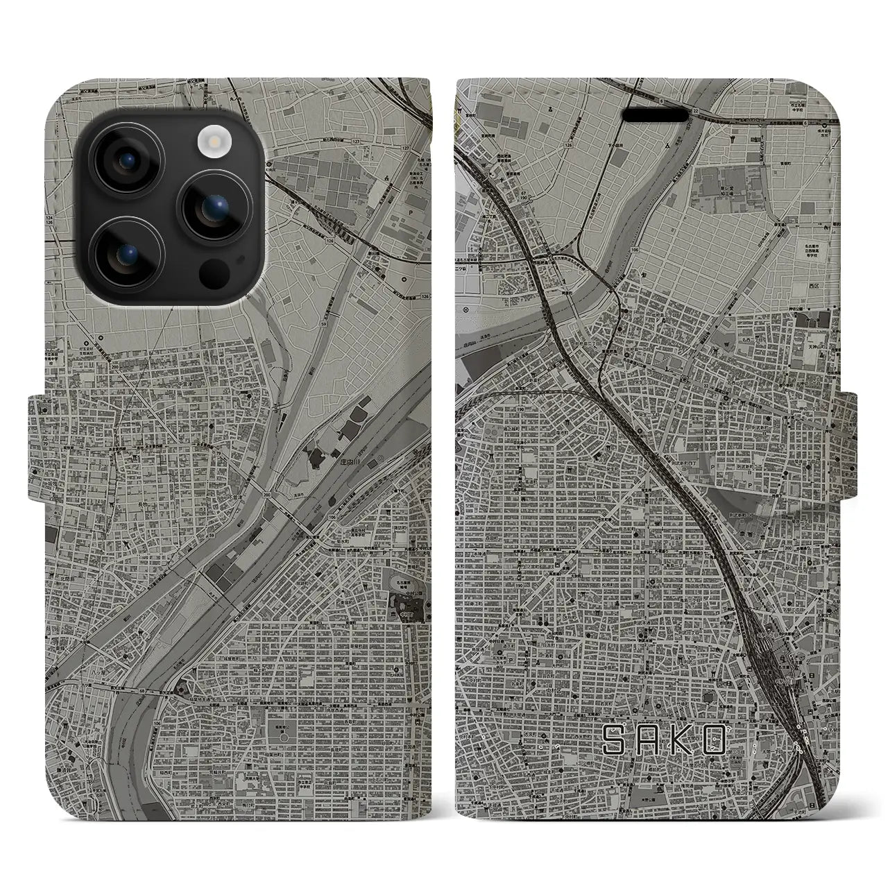 【栄生(愛知県)】地図柄iPhoneケース(手帳タイプ)モノトーン・iPhone 16 用