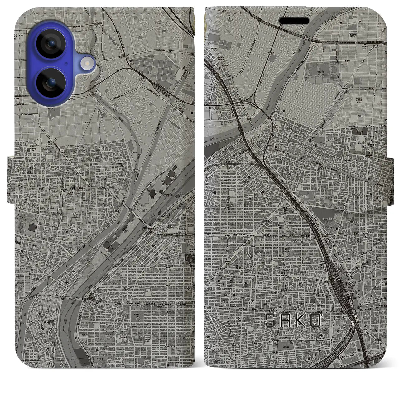 【栄生(愛知県)】地図柄iPhoneケース(手帳タイプ)モノトーン・iPhone 16 Pro Max 用