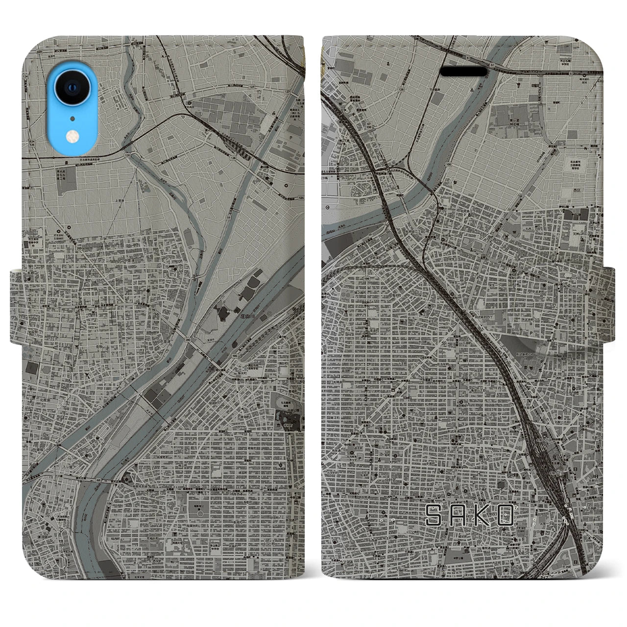 【栄生(愛知県)】地図柄iPhoneケース(手帳タイプ)モノトーン・iPhone XR 用