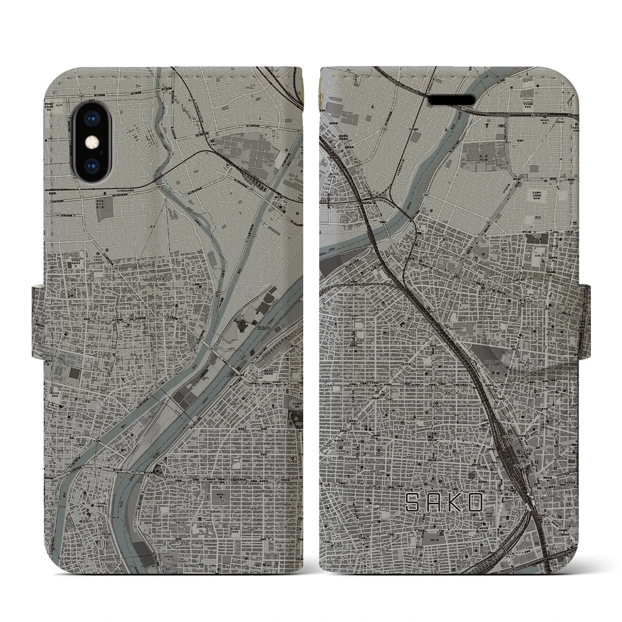 【栄生(愛知県)】地図柄iPhoneケース(手帳タイプ)モノトーン・iPhone XS / X 用