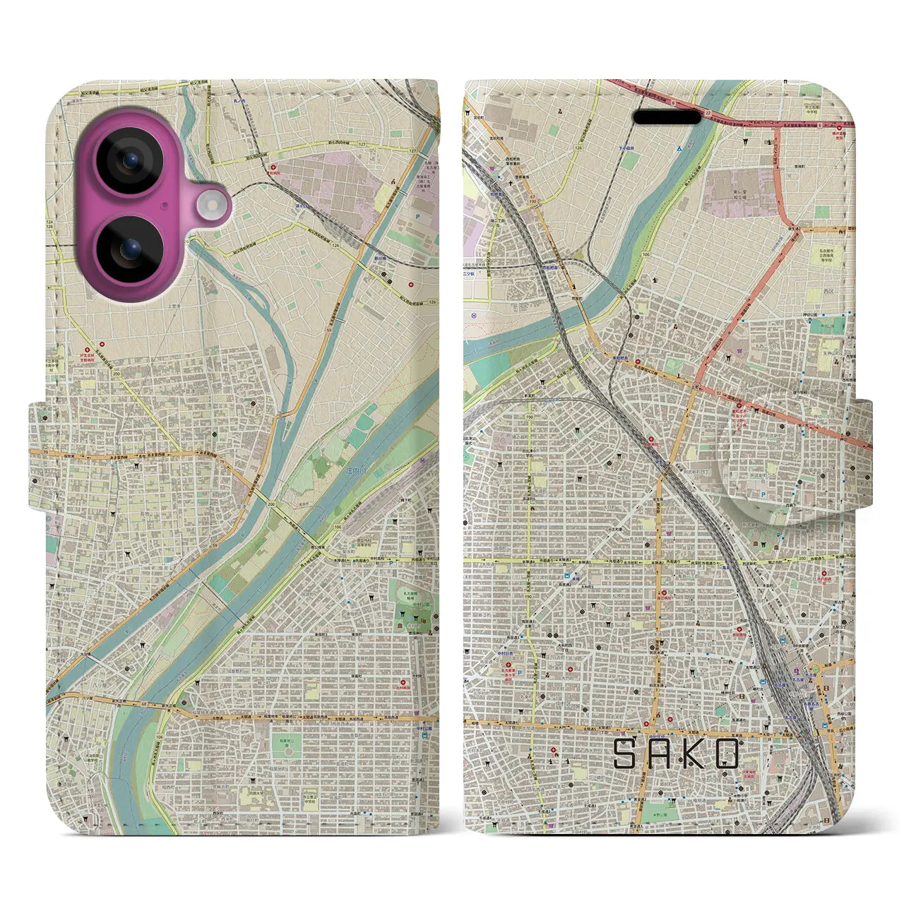 【栄生(愛知県)】地図柄iPhoneケース(手帳タイプ)ナチュラル・iPhone 16 Pro 用