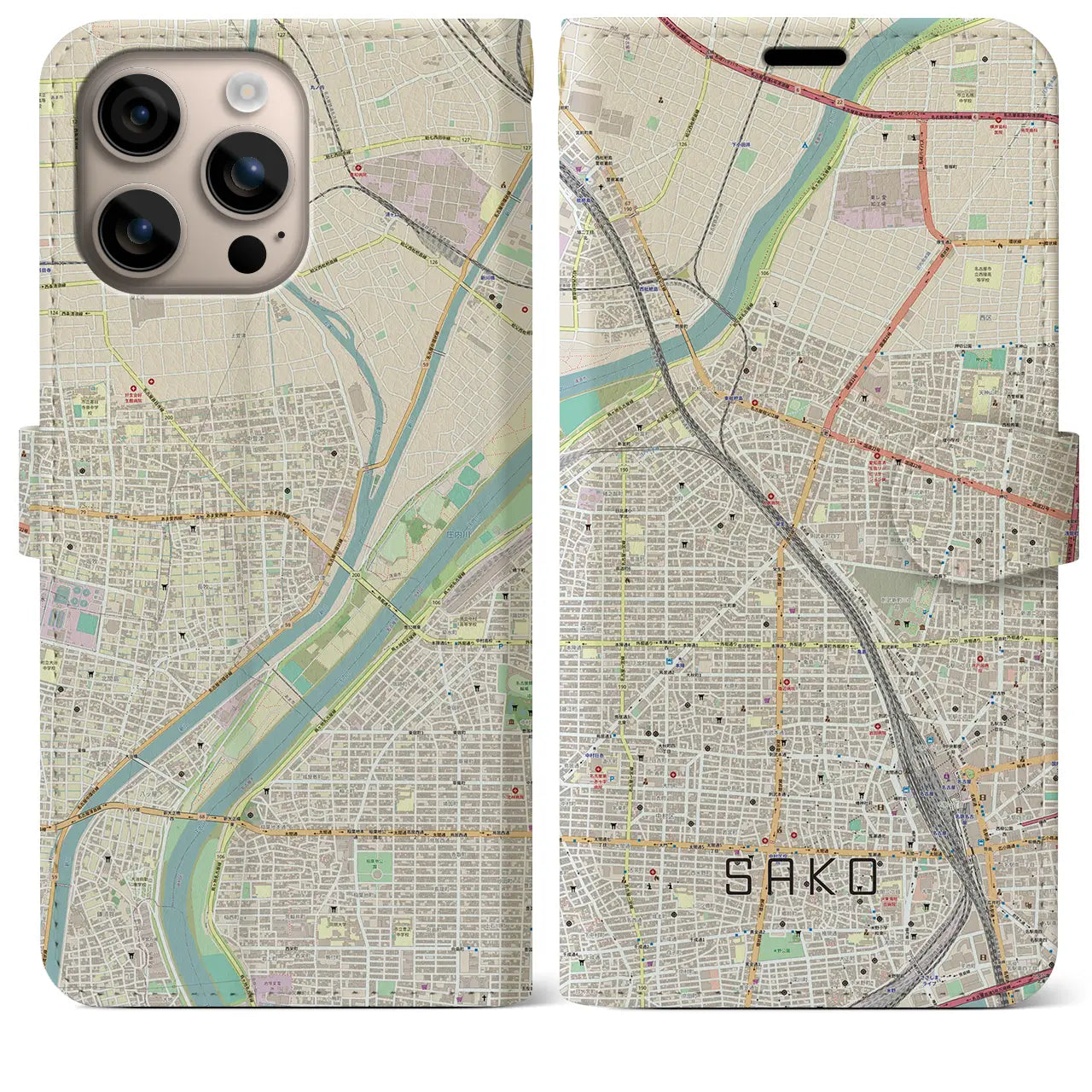 【栄生(愛知県)】地図柄iPhoneケース(手帳タイプ)ナチュラル・iPhone 16 Plus 用